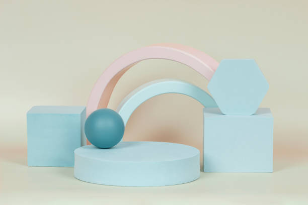 istock Abstract composition with geometric shapes forms. Exhibition podium, platform for product presentation on pastel background 1331825857