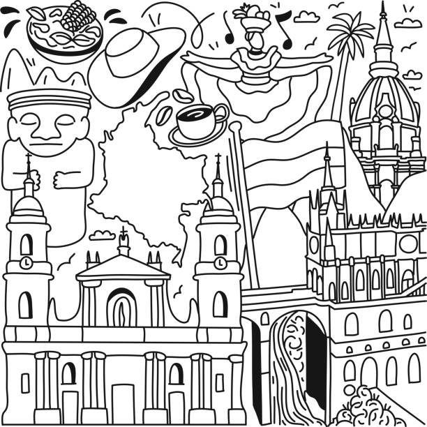 ilustraciones, imágenes clip art, dibujos animados e iconos de stock de colombia related cartoon doodle illustration. vector dibujado a mano - trajes tipicos colombianos