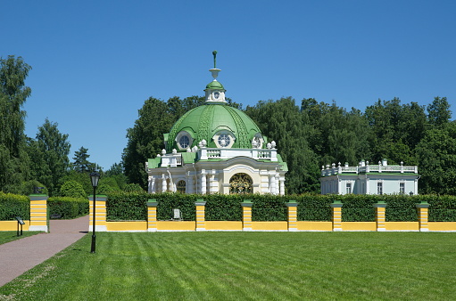 Moscow, Russia - June 17, 2021: Summer view of the Grotto Pavilion and the Italian House at the Kuskovo Estate Museum