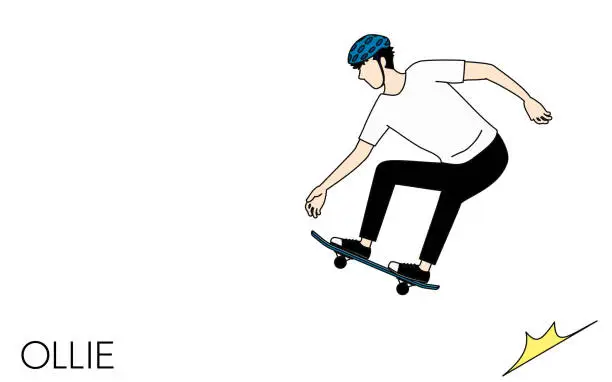 Vector illustration of Skateboarding ollie-type trick, a man jumping while riding a skateboard.