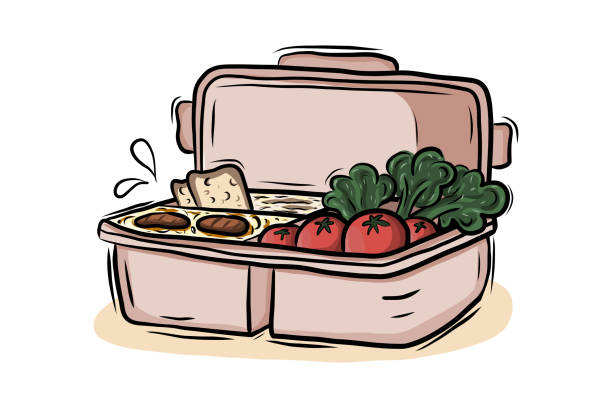 lunchbox verwandte handgezeichnete vektorillustration - lunch box packed lunch apple symbol stock-grafiken, -clipart, -cartoons und -symbole