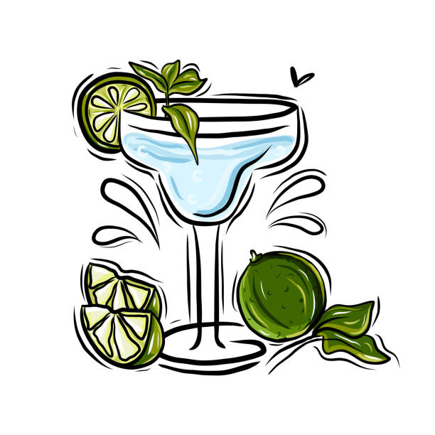 margarita související ručně kreslená vektorová ilustrace - koktejl margarita stock ilustrace