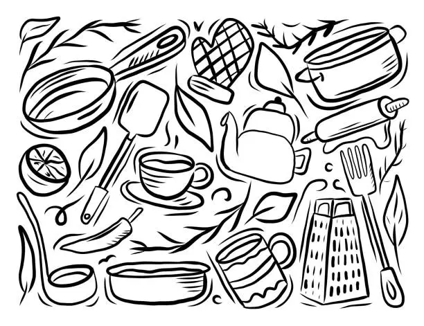 Vector illustration of Kitchenware Related Cartoon Doodle Illustration. Hand Drawn Vector