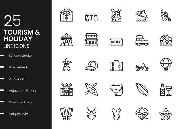 Vector illustration of Tourism And Travel Line Icons