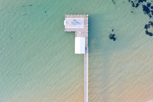 Aerial photograph captured at Sorrento, Victoria located on the Mornington Peninsula of a jetty on golden hour.