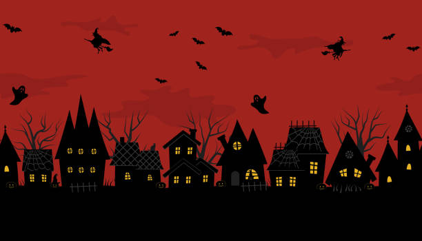 halloween stadt. gruselige häuser. nahtloser rahmen - halloween witch domestic cat frame stock-grafiken, -clipart, -cartoons und -symbole