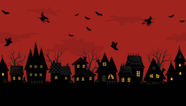 ハロウィーンの町。不気味な家。シームレスな境界線 - halloween castle cartoon backgrounds点のイラスト素材／クリップアート素材／マンガ素材／アイコン素材