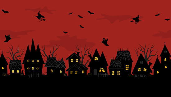 Halloween town. Creepy houses. Seamless border. Black silhouettes of houses and trees on a red background. There are also bats, ghosts, witches, pumpkins and cat in the picture. Vector illustration