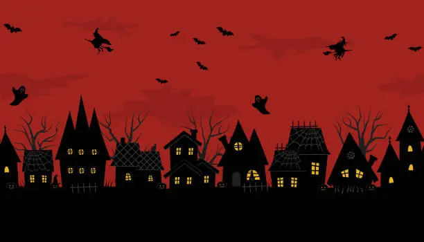 Vector illustration of Halloween town. Creepy houses. Seamless border