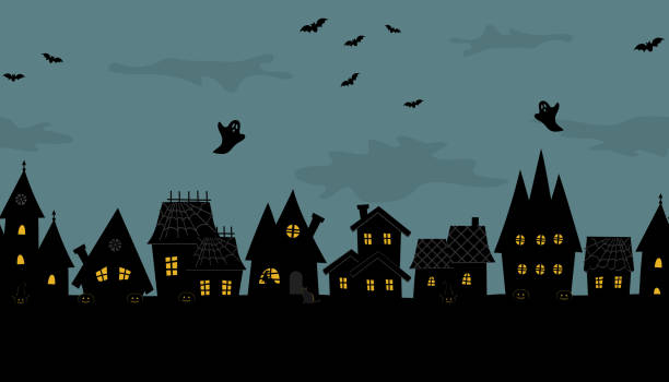 halloween stadt. gruselige häuser. nahtloser rahmen - halloween witch domestic cat frame stock-grafiken, -clipart, -cartoons und -symbole