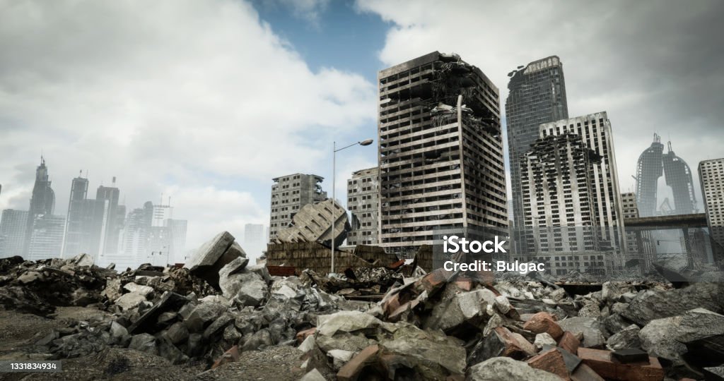Post Apocalyptic Urban Landscape Digitally generated post apocalyptic scene depicting a desolate urban landscape with tall buildings in ruins and mostly cloudy sky.

The scene was created in Autodesk® 3ds Max 2022 with V-Ray 5 and rendered with photorealistic shaders and lighting in Chaos® Vantage with some post-production added. War Stock Photo