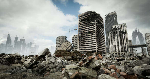 Post Apocalyptic Urban Landscape Digitally generated post apocalyptic scene depicting a desolate urban landscape with tall buildings in ruins and mostly cloudy sky.

The scene was created in Autodesk® 3ds Max 2022 with V-Ray 5 and rendered with photorealistic shaders and lighting in Chaos�® Vantage with some post-production added. destruction stock pictures, royalty-free photos & images