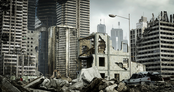 Digitally generated post apocalyptic scene depicting a desolate urban landscape with tall buildings in ruins and mostly cloudy sky.\n\nThe scene was created in Autodesk® 3ds Max 2022 with V-Ray 5 and rendered with photorealistic shaders and lighting in Chaos® Vantage with some post-production added.