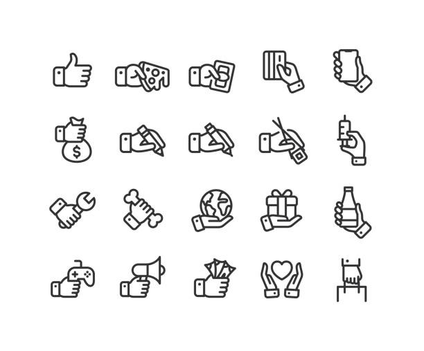 Hand Holding Line Icons Editable Stroke Set of hand holding line vector icons. Editable stroke. hand wrench stock illustrations