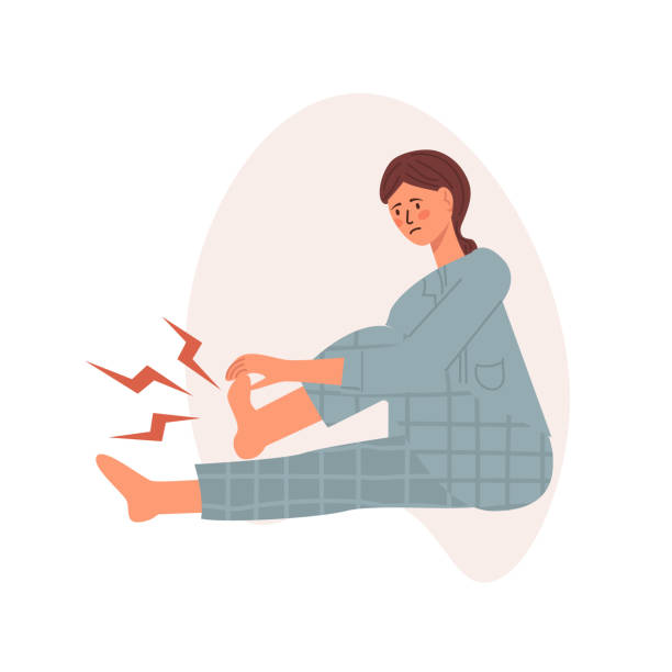 stockillustraties, clipart, cartoons en iconen met young woman having a foot sole cramp, feeing pain and suffering for this. vector illustratin in trendy live flat style. healthcare, pain, sickness, disease concept, isolated on a white background - woman foot