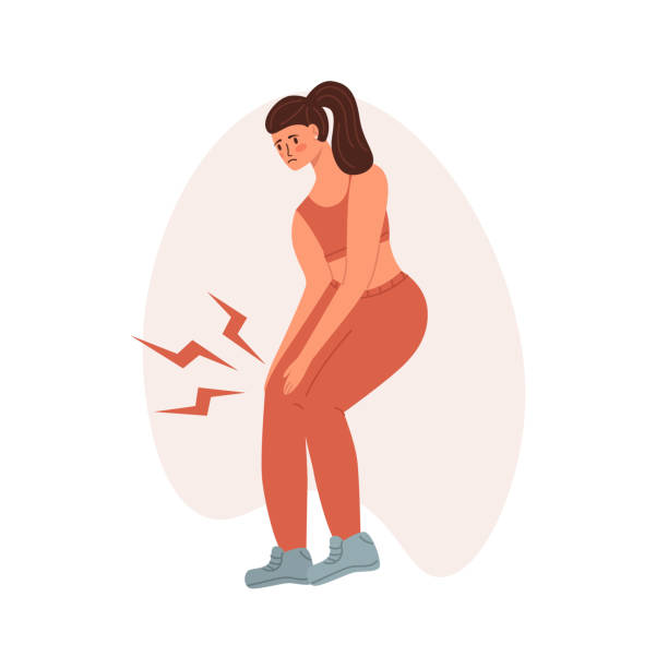 ilustrações de stock, clip art, desenhos animados e ícones de young runner woman having a knee pain and suffering for this. vector illustratin in trendy live flat style. healthcare, pain, sickness, disease concept, isolated on a white background - doença crónica ilustrações