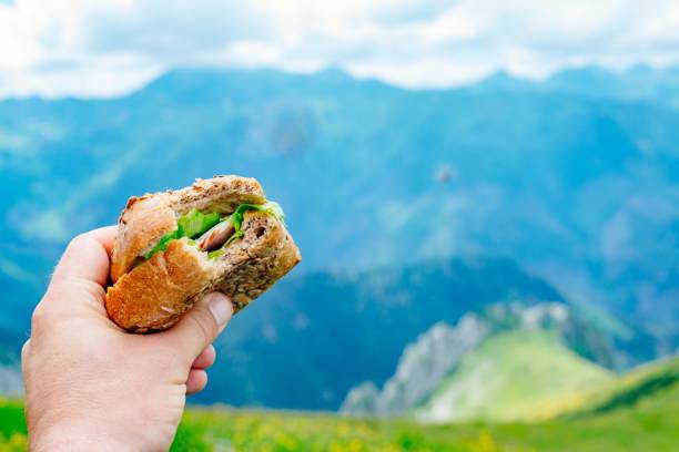 istock Man eating delicious sandwich on mountain on trail 1331837087