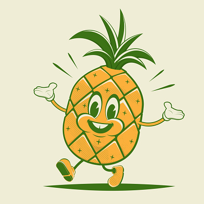 funny retro cartoon illustration of a happy pineapple