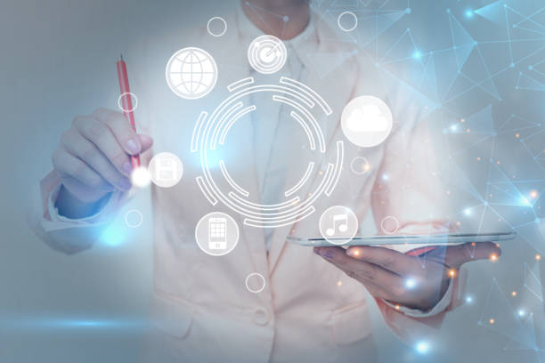 istock Business Woman Touching Futuristic Virtual Display Technology, Lady In Uniform Using Mobile Device While Pressing Advanced Holographic Interactive Interface. 1331838717