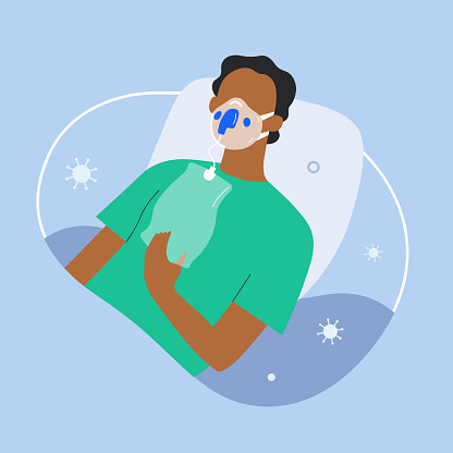 Oxygen therapy for covid patient in oxygen mask on NIV, covid-19 hypoxemia, african american senior woman suffering from low saturation, vector cartoon character, flat illustration