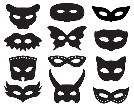 Vector illustraion of twelve different black masks on a white background.