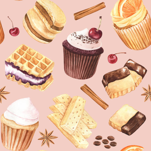 illustrazioni stock, clip art, cartoni animati e icone di tendenza di motivo vibrante e dolce senza cuciture con cupcake, biscotti e spezie su uno sfondo di ciliegia leggera. gli elementi sono dipinti a mano con acquerelli. - waffle breakfast food sweet food