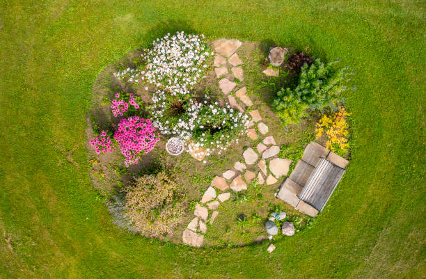 vista aérea de un jardín desde un dron - fondo de pantalla hd de primavera fotografías e imágenes de stock