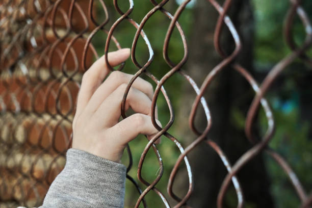 The human hand of a teenage child holds on to a mesh of rabitz. Fence, barrier, fenced place The human hand of a teenage child holds on to a mesh of rabitz. Fence, barrier, fenced place. rusty fence stock pictures, royalty-free photos & images