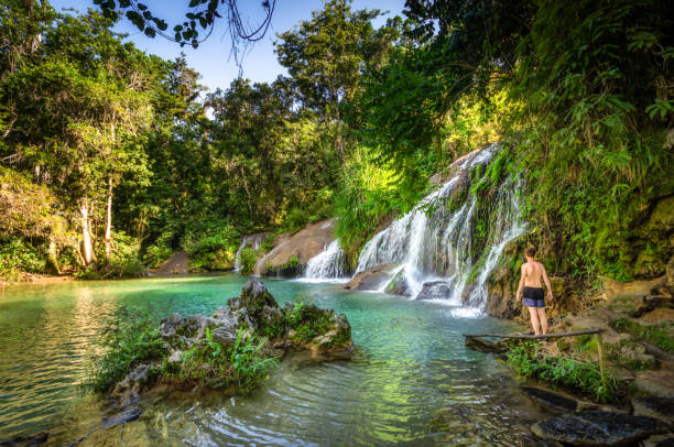 человек перед водопадами poceta de cristal в эль-ничо, куба - cuba rural scene non urban scene day стоковые фото и изображения