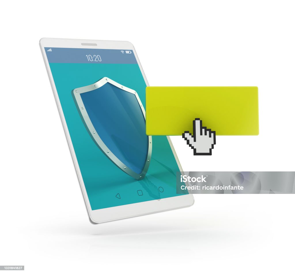 3D Smartphone Cursor and shield - Concepto de seguridad Computer image on a white background – Security concept Brand Name Smart Phone Stock Photo
