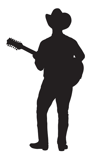 Vector silhouette of a cowboy playing a guitar.