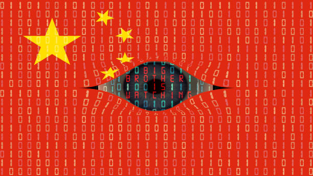 Internet spying, surveillance, and cyber security in China The eyes of Big Brother is watching secretly from behind the digital curtain of the Chinese flag big tech photos stock pictures, royalty-free photos & images