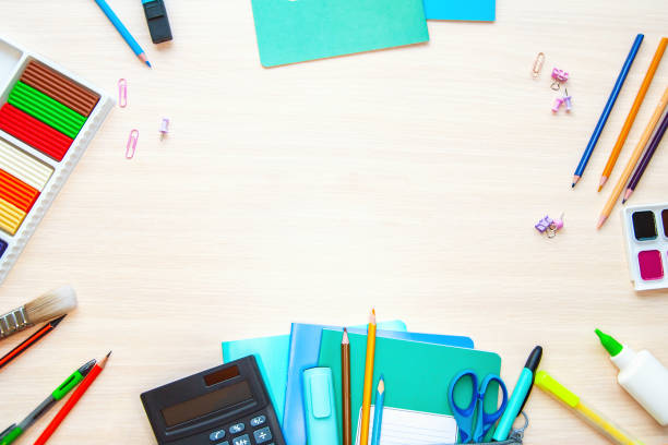 istock The different stationery on light background, flat lay with space for text. Back to school 1331844538