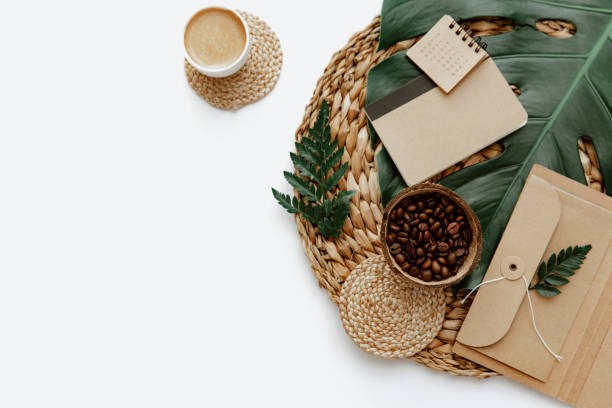 istock Summer Flat lay workspace with cup of coffee and notes. Ideas, notes or plan writing concept. Minimal eco friendly blogger. Zero waste 1331844834