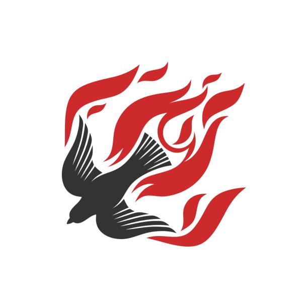 christliche illustration. logo der kirche. die taube und die flamme des feuers sind symbole des heiligen geistes gottes, des friedens und der demut. - pfingsten stock-grafiken, -clipart, -cartoons und -symbole