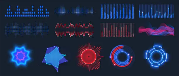 Vector illustration of lue equalizer waves on black background. Realistic set of sound and radio wave