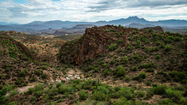 View of a valley and mountain range in Arizona USA stock photo