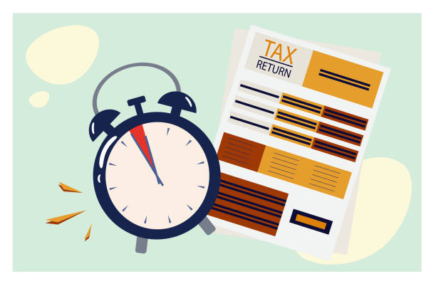 ilustrações de stock, clip art, desenhos animados e ícones de tax return time. official obligations and time of payment of income. finance form paper document, revenue. information, report and statement of due date. return tax filing concept. vector illustration - time and money