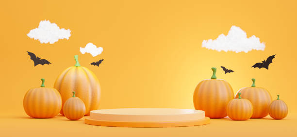 istock podium with halloween concept,pumpkin,bat,cloud for product display 1331856922