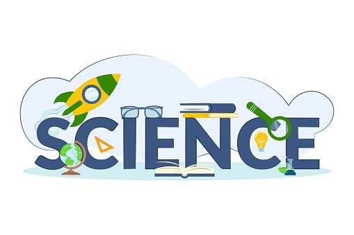 Science technology concept. Design science word lettering with objects and elements for presentation title, illustration, infographic, print, book cover, website banner. Vector flat illustration.