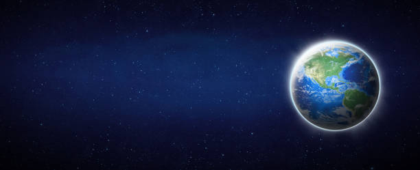 Earth, World on horizontal banner background with text space. Global World in space for billboard sign show America, USA map, star, Earth day concept. Earth 3D render Element