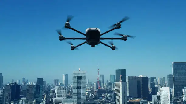 Drone flying above modern city. 3D rendering.