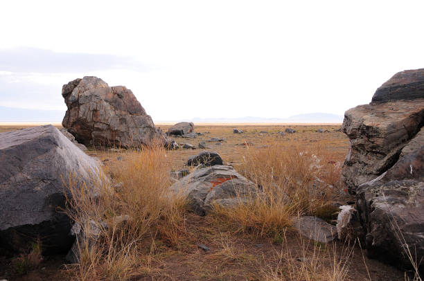 Remains of an ancient stone ritual structure in the autumn steppe. Tarkhatinsky megalithic complex, Altai, Siberia, Russia.