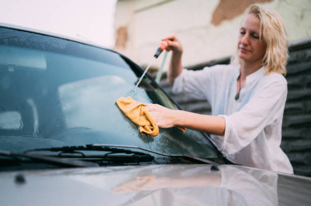 istock A woman rubs a car with a wipe 1331878483