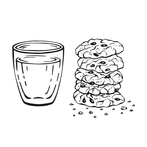 illustrations, cliparts, dessins animés et icônes de biscuits en verre et en flocons d’avoine isolés sur fond blanc. illustration vectorielle en noir et blanc dessinée à la main. - cookie chocolate chip cookie chocolate isolated