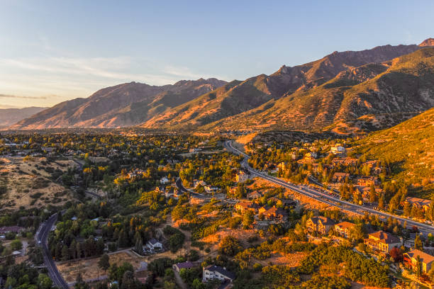 Aerial View of Salt Lake City Suburb Sunset Aerial View of Salt Lake City Suburb Sunset salt lake county stock pictures, royalty-free photos & images