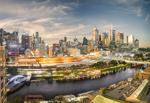 The city of Melbourne at dusk featuring the iconic Flinders Street Station and the City's central business district