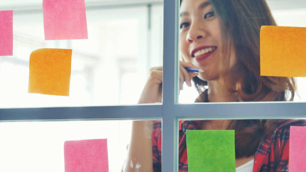 istock Creative design woman use sticky note thinking share ideas. Woman present talking use sticky notes post, present ideas. Office partner brainstorming teams with business partner meeting, share ideas. 1331883415