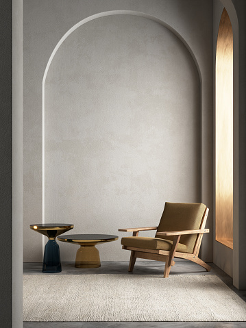 Modern arches interior composition with armchair and decor. 3d render illustration mock up.