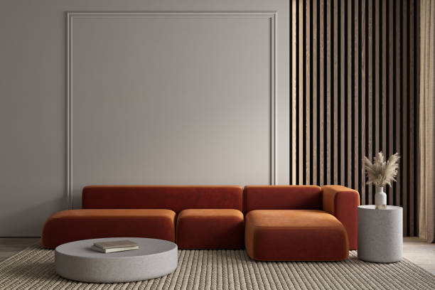 istock Modern minimalism interior with orange sofa, moldings and decor. 3d render illustration mockup. 1331883621